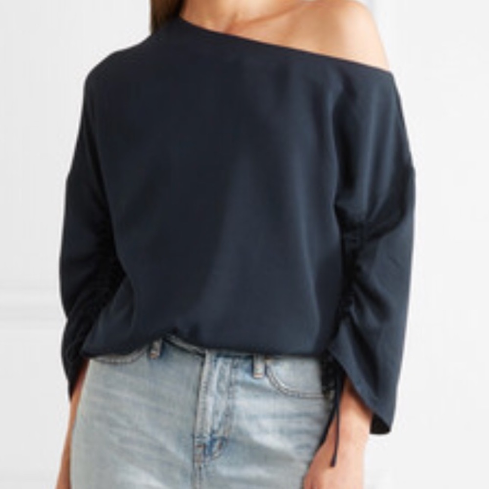 NWT Tibi one-shoulder crepe top Navy blouse Sz L